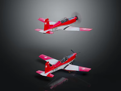 Two Red And White Passenger Planes With Propellers Flying On Dark Background 3d model