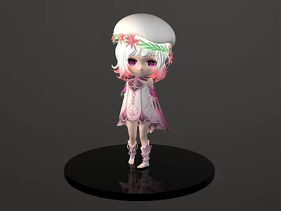 Game Movie Character With White Hair Flower Crown Pink White Outfit Standing On Black Base 3d model