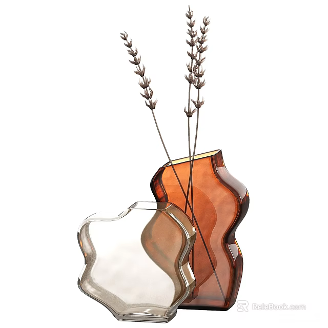Decorative Ornament Set With Transparent Glass Vase Brown Ceramic Vase And Dried Lavender Stems 3d model 