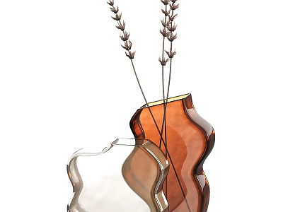 Decorative Ornament Set With Transparent Glass Vase Brown Ceramic Vase And Dried Lavender Stems 3d model
