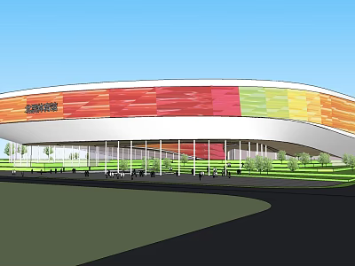 Colorful Striped Sports Center With Curved Roof And Green Lawn Pathways 3d model
