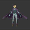 Woman With Purple Hair And Cape Wearing Dark Bodysuit Gold Trimmed Belt And Purple Boots