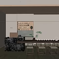 Modern Chinese Tea House Interior With Wooden Tables Chairs Tea Sets And Decorative Paintings