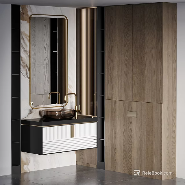 Modern Bathroom Washbasin Vanity With Gold Faucet Wooden Cabinet And Marble Mirror 3d model 
