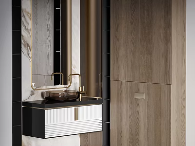 Modern Bathroom Washbasin Vanity With Gold Faucet Wooden Cabinet And Marble Mirror 3d model