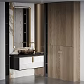 Modern Bathroom Washbasin Vanity With Gold Faucet Wooden Cabinet And Marble Mirror