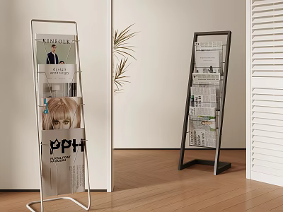 White Black Metal Magazine Newspaper Rack with Organized Magazines Newspapers in Modern Interior 3d model