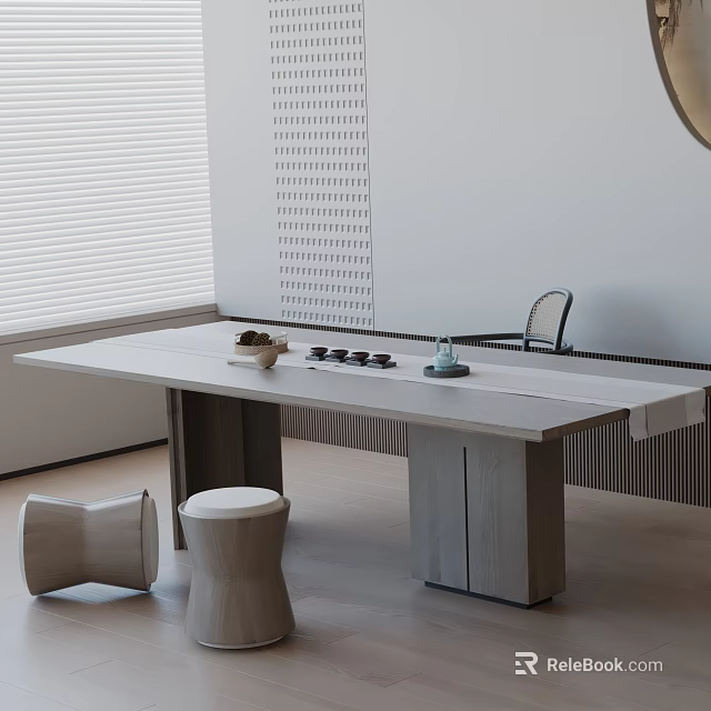 Modern Tea Room Interior With Open Layout Wooden Tea Table And Tea Sets 3d model