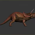 Triceratops 3D Model With Red Orange Color And Three Horns Standing On Dark Background