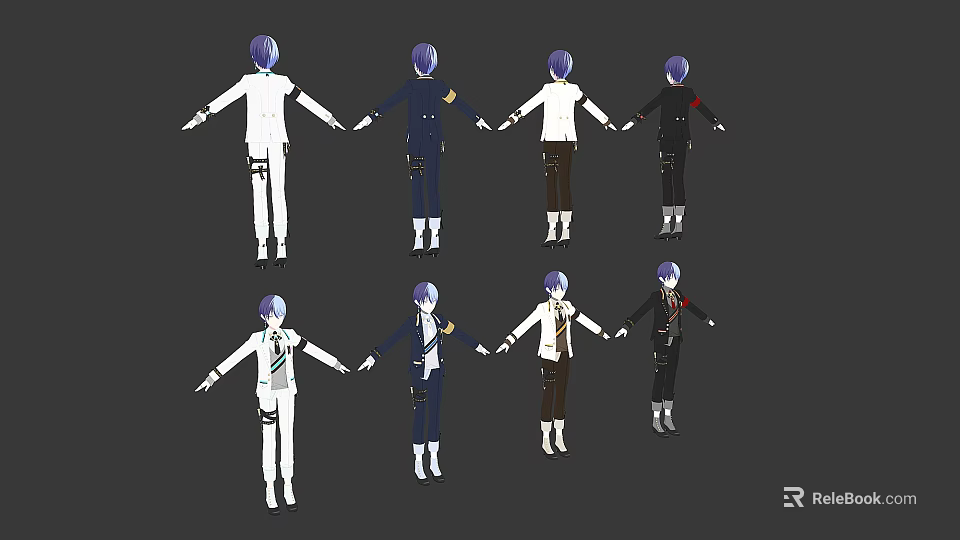 Game Anime Character Models With Purple Hair Various Outfits Multiple Angles And Colored Coats Pants 3d model 