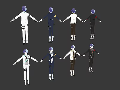 Game Anime Character Models With Purple Hair Various Outfits Multiple Angles And Colored Coats Pants 3d model