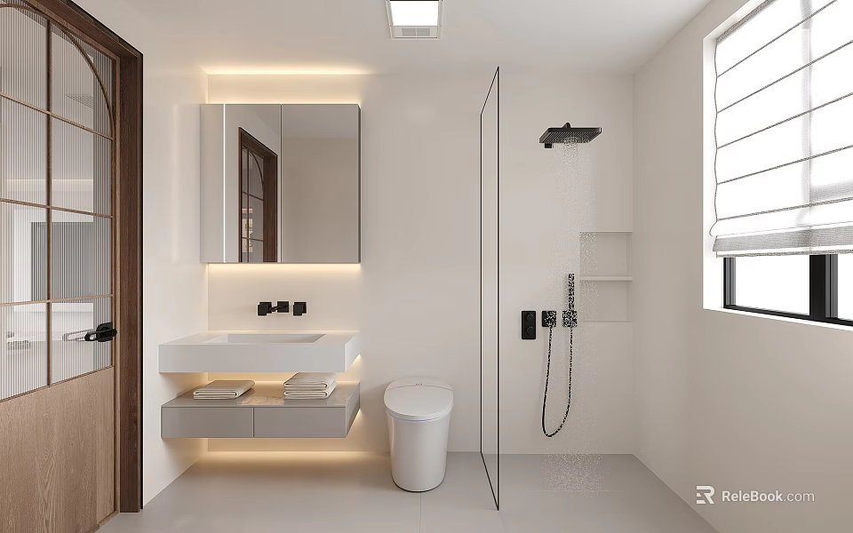 Modern White Bathroom Interior Design With Vanity Toilet Shower Area Mirror And Lighting 3d model 