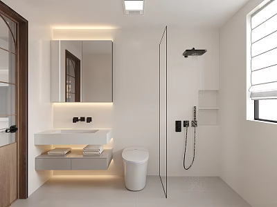 Modern White Bathroom Interior Design With Vanity Toilet Shower Area Mirror And Lighting 3d model
