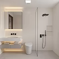Modern White Bathroom Interior Design With Vanity Toilet Shower Area Mirror And Lighting