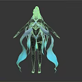 Futuristic Female Character With White Hair Blue Flowing Ribbons And Black Tight Fitting Outfit
