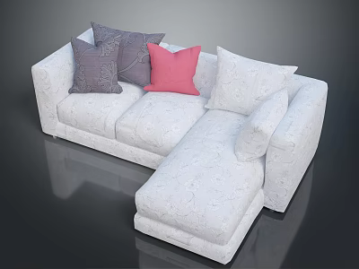 Modern White L Shaped Sofa Design With Colorful Gray Purple Pink Pillows 3d model