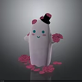 Cute White Ghost Character With Black Top Hat Pink Roses Smiling Blush Face And Scattered Petals