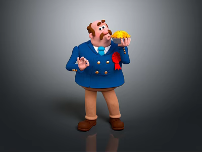 Elderly Man In Blue Coat With Red Bow Tie Holding Yellow Object 3d model