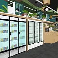 Supermarket Department Store With Outdoor Seating Umbrella Tables And Indoor Shelves Displaying Products