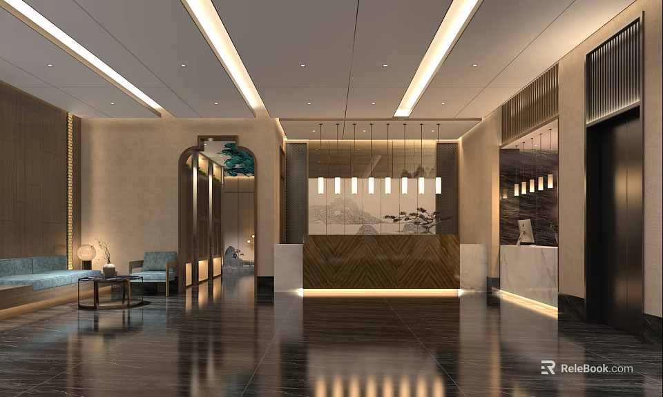 Luxurious SPA Sauna Lobby Interior With Modern Reception Desk And Decorative Lighting 3d model 