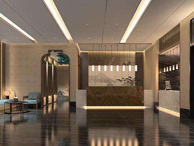 Luxurious SPA Sauna Lobby Interior With Modern Reception Desk And Decorative Lighting 3d model