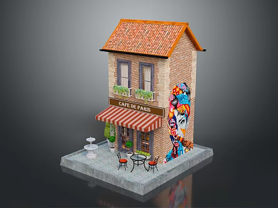 Cartoon Scene of Two Story Brick House with Orange Tiled Roof Ground Floor Cafe and Colorful Graffiti 3d model