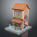 Cartoon Scene of Two Story Brick House with Orange Tiled Roof Ground Floor Cafe and Colorful Graffiti