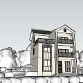 Two Story Detached Villa with Balconies Arched Windows Greenery Lawn and Blue Sky