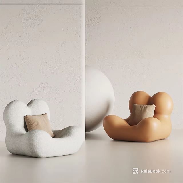 Modern Single Sofa With Cloud Like Design White And Orange Colors And Light Cushion 3d model 