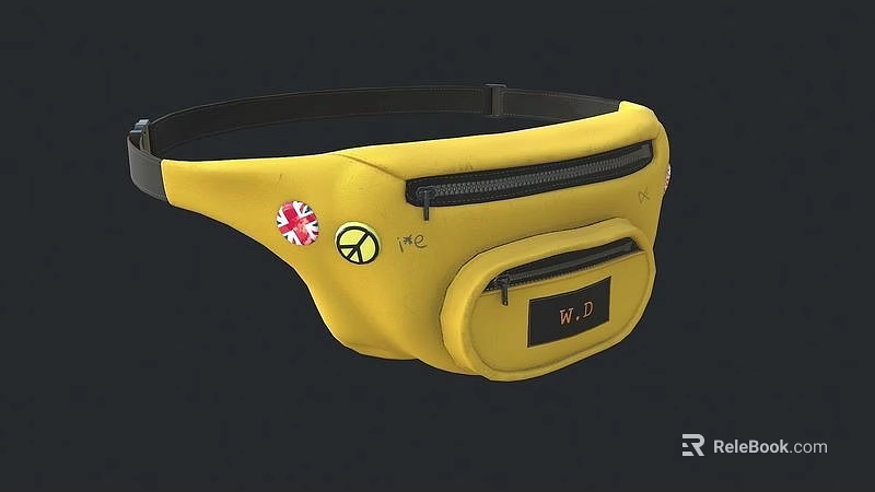 Yellow Soft Fanny Pack Featuring Union Jack Peace Sign W.D Label And Zipper Pockets 3d model 