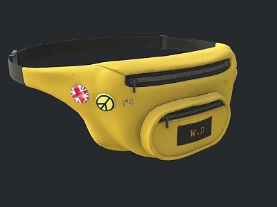 Yellow Soft Fanny Pack Featuring Union Jack Peace Sign W.D Label And Zipper Pockets 3d model