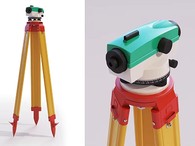 Industrial Surveying Level Instrument With Green White Body And Red Yellow Tripod Stand 3d model