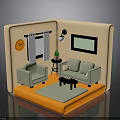 Modern Living Room Furniture With Sofa Armchair Coffee Table Plant Wall Clock And Carpet