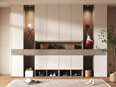 Modern Light Colored Shoe Cabinet With Storage Space Decorative Sculpture And Red Balloon 3d model