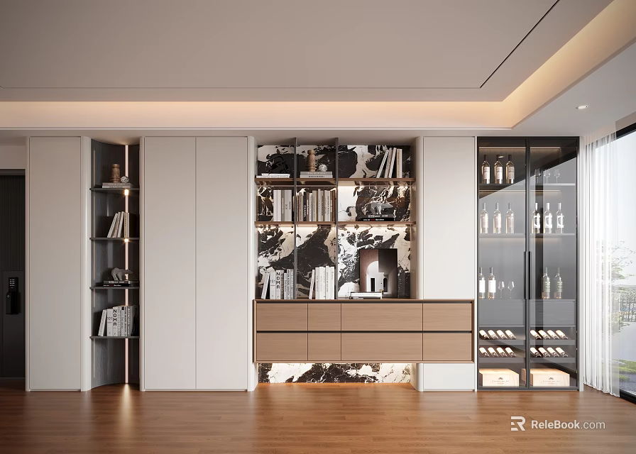 Elegant Modern Decorative Cabinet with Open Shelves Glass Doors and Drawers in Wooden Flooring Interior 3d model 