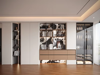 Elegant Modern Decorative Cabinet with Open Shelves Glass Doors and Drawers in Wooden Flooring Interior 3d model