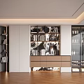 Elegant Modern Decorative Cabinet with Open Shelves Glass Doors and Drawers in Wooden Flooring Interior