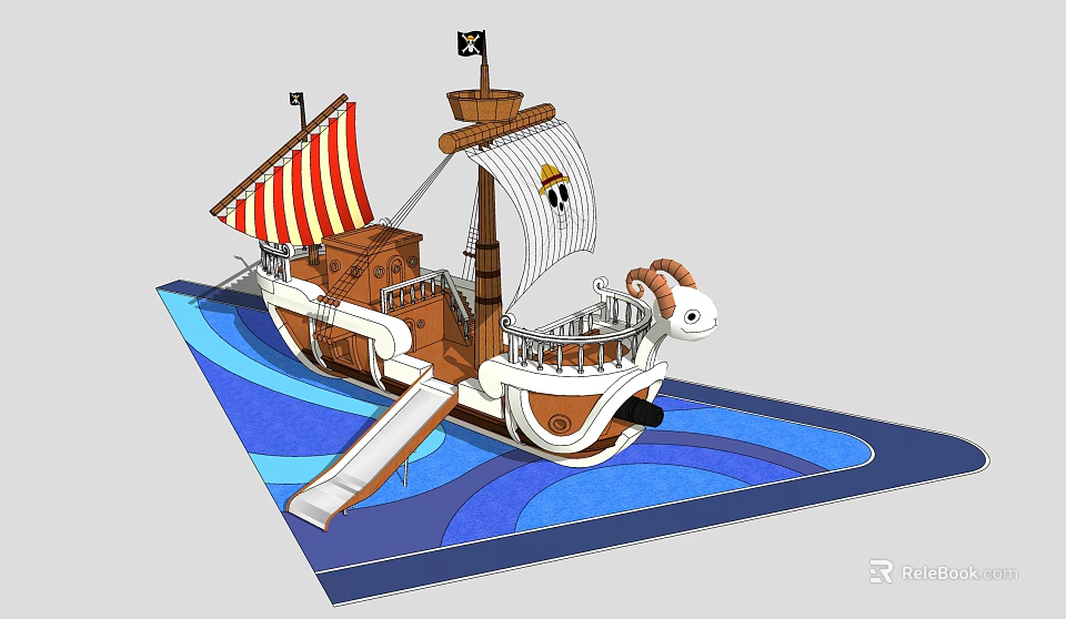 Pirate Ship Themed Playground Equipment with Slide Colorful Sails and Wave Design 3d model 