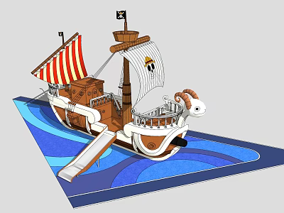 Pirate Ship Themed Playground Equipment with Slide Colorful Sails and Wave Design 3d model