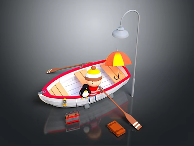 Small Wooden Boat With Cartoon Character Orange Yellow Umbrella Street Lamp And Oars 3d model