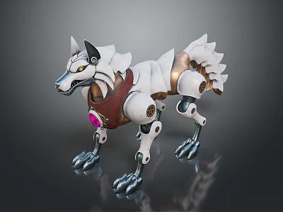 Mechanical Wolf Character Design With White Brown Body Metallic Paws And Red Gem 3d model