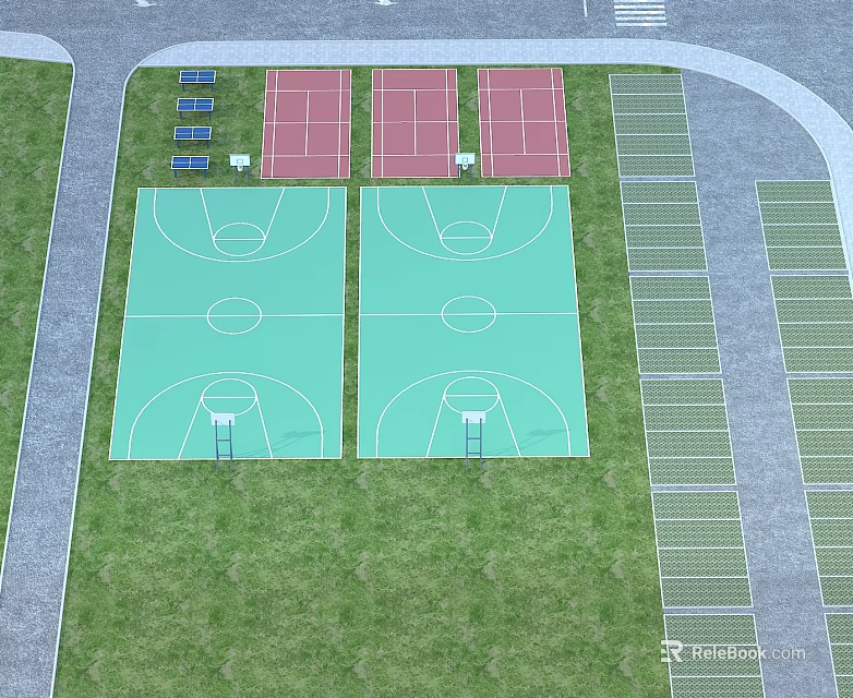 Two Green Basketball Courts With Red Tennis Courts And Spectator Seating Areas 3d model 