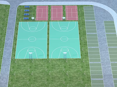 Two Green Basketball Courts With Red Tennis Courts And Spectator Seating Areas 3d model
