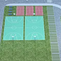Two Green Basketball Courts With Red Tennis Courts And Spectator Seating Areas