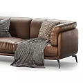 Light Gray And Brown Leather Sectional Sofa With Soft Pillows And Throw Blanket
