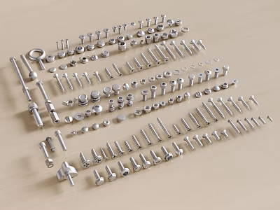 Various Metal Hardware Tools Including Screws Bolts Nuts Nails Neatly Arranged On Wooden Surface 3d model