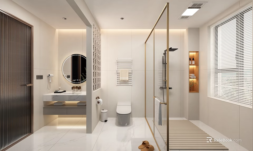 Modern Bright Minimalist Bathroom Interior With Gold Framed Glass Shower Smart Toilet And Round Mirror 3d model 