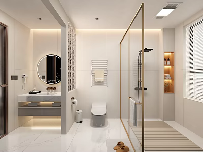 Modern Bright Minimalist Bathroom Interior With Gold Framed Glass Shower Smart Toilet And Round Mirror 3d model