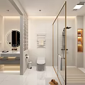 Modern Bright Minimalist Bathroom Interior With Gold Framed Glass Shower Smart Toilet And Round Mirror