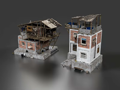 Shabby Dilapidated Building Models With Broken Roofs And Exposed Brick Walls 3d model